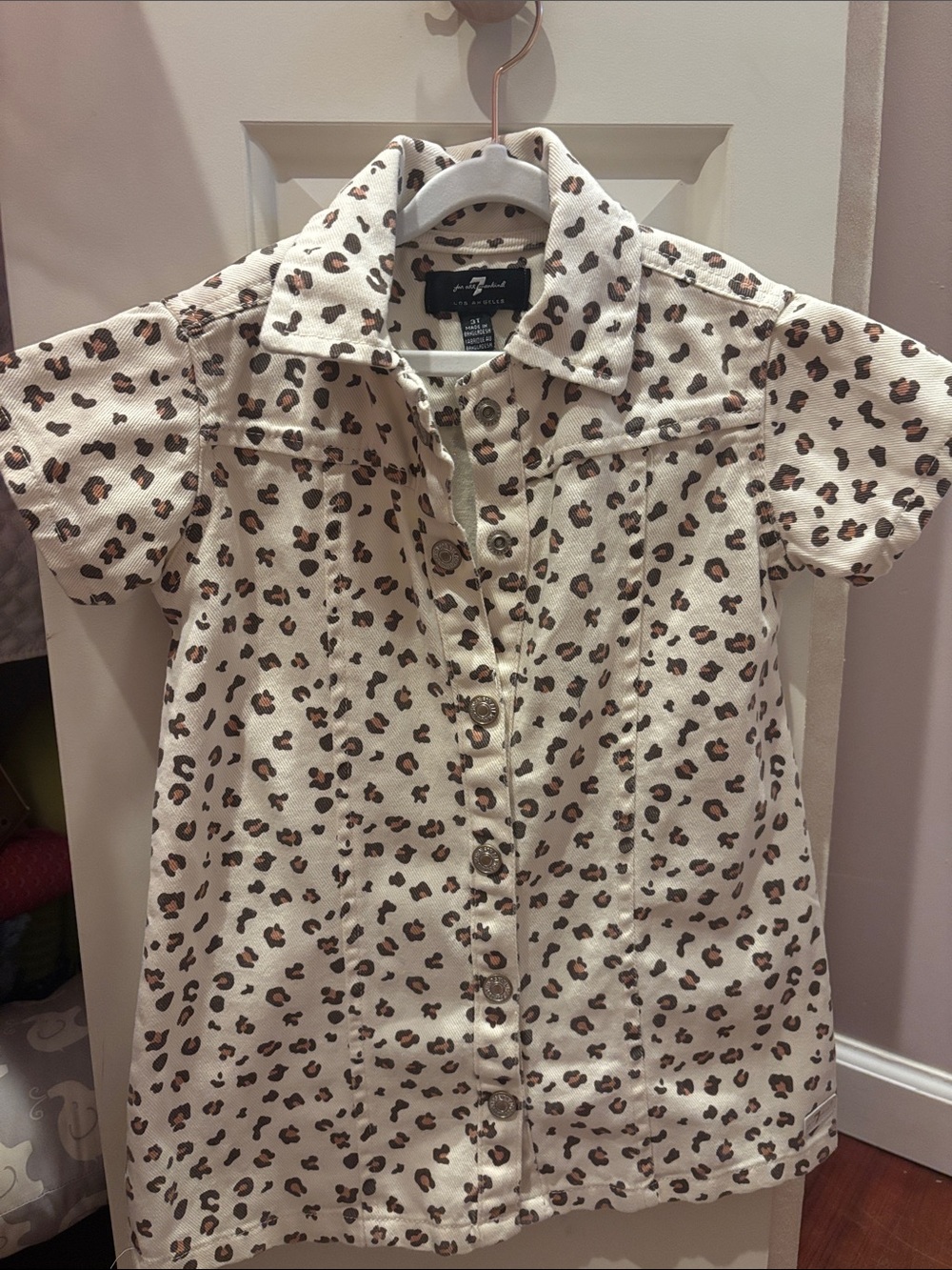 7 For All Mankind Cream Leopard Print Button-Front Shirt Dress